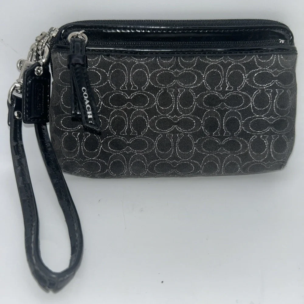 Coach Signature C Black Patent Trim Wristlet Purple Lining Card Slots
